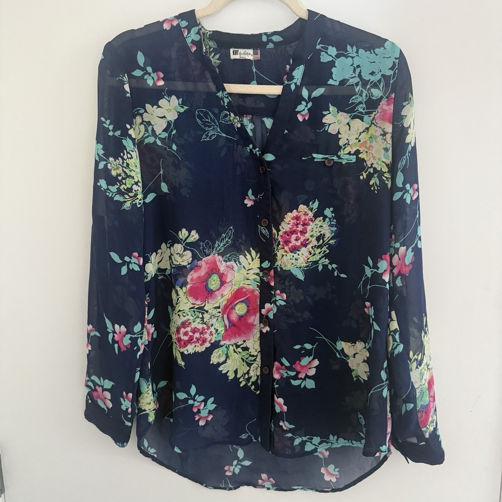 Kut From The Kloth Womens Floral Garden Blue Sheer Drape Button-Up Blouse Size S - Picture 3 of 8